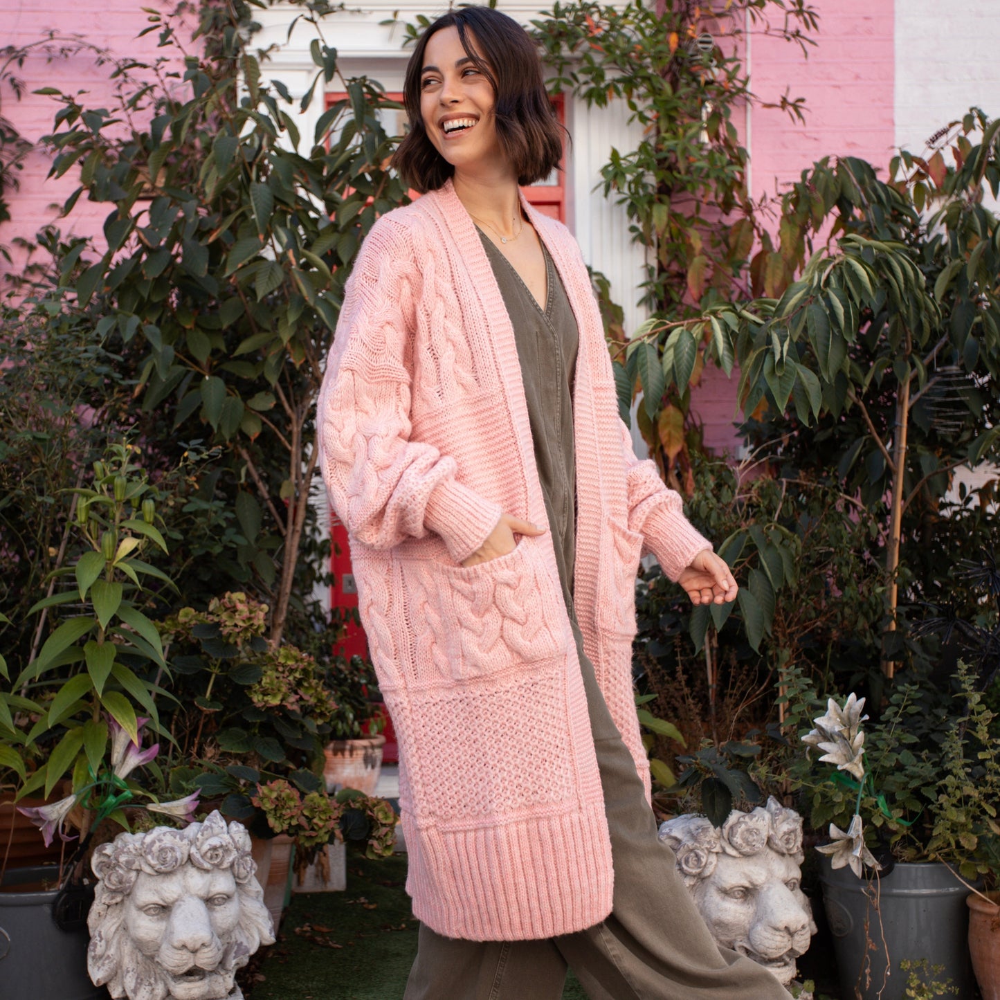 Alex Balloon Sleeve Chunky Oversized Cable Maxi Cardigan - Pink