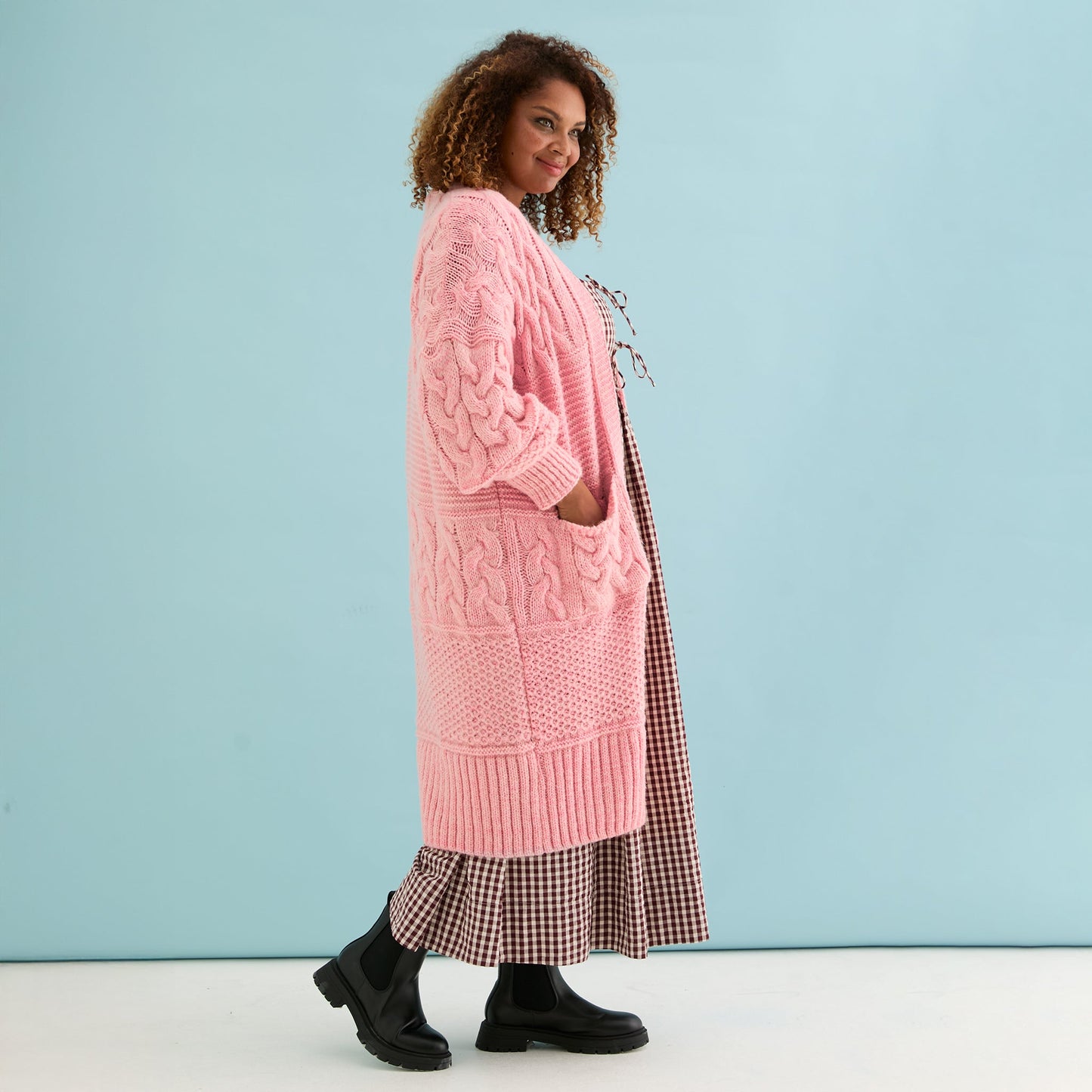 Alex Balloon Sleeve Chunky Oversized Cable Maxi Cardigan - Pink