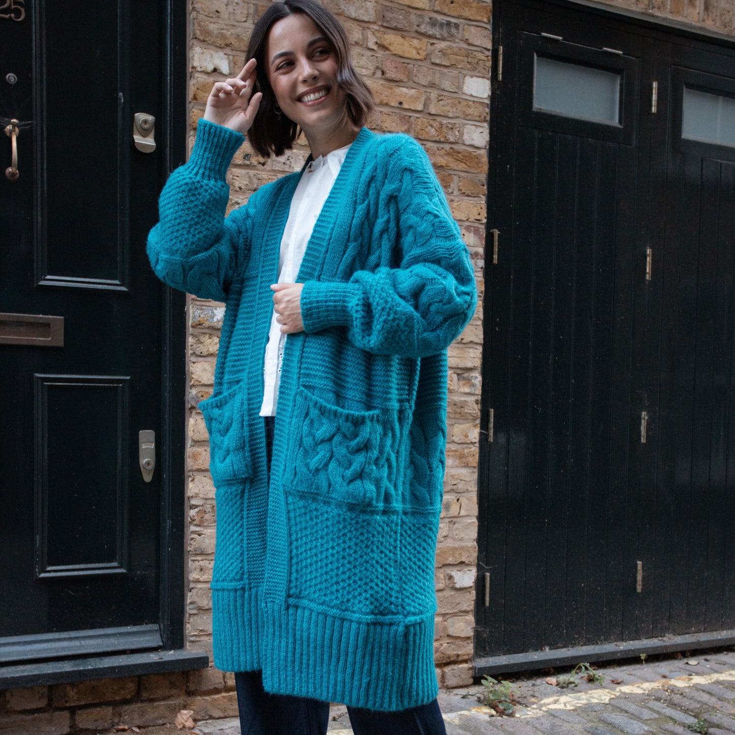 Alex Chunky Oversized Balloon Sleeve Cable Maxi Cardigan - Teal