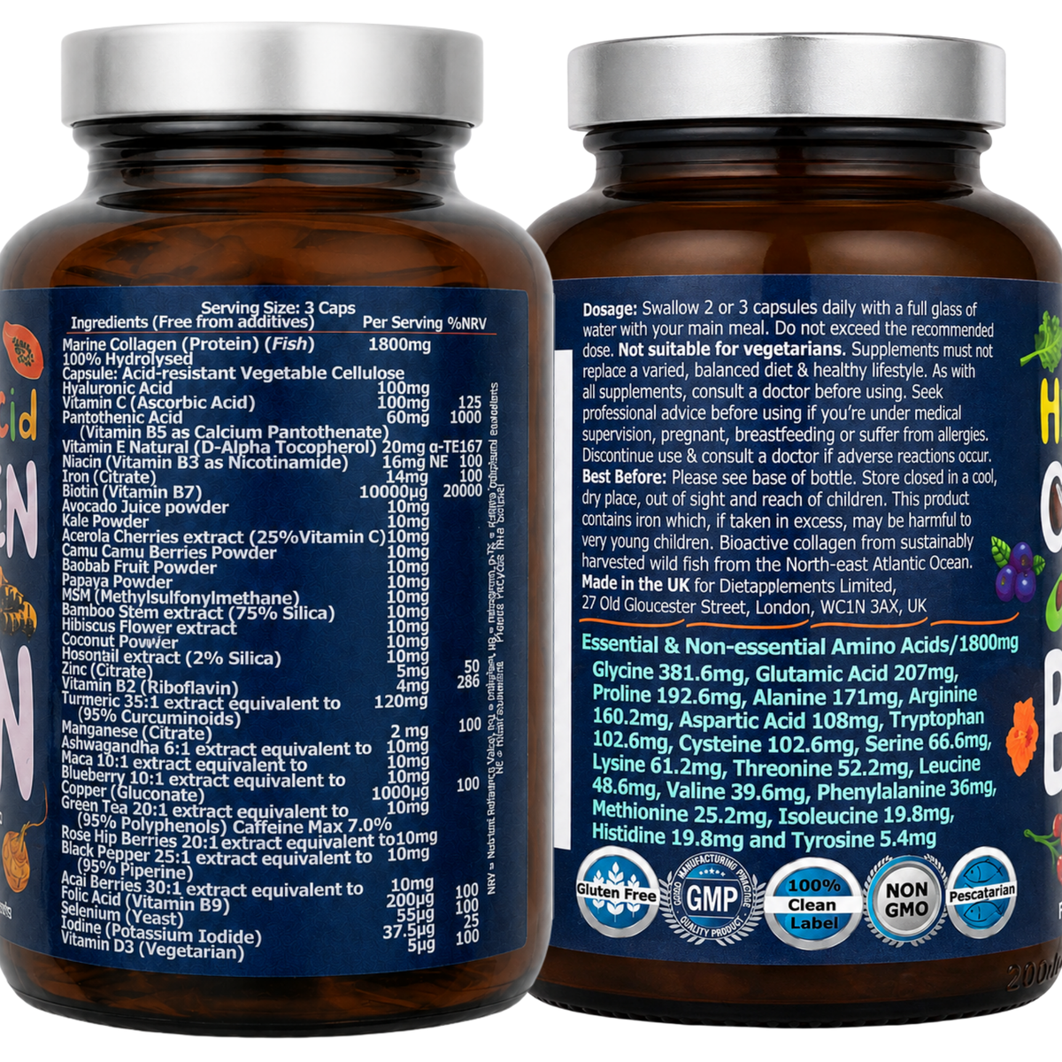 Marine Collagen, Hyaluronic Acid, Biotin, Vitamins, Minerals & Superfood - 35 Ingredients