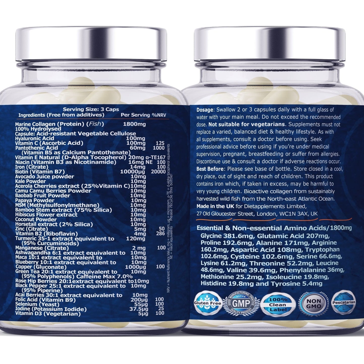 Marine Collagen, Hyaluronic Acid, Biotin, Vitamins, Minerals & Superfood - 35 Ingredients