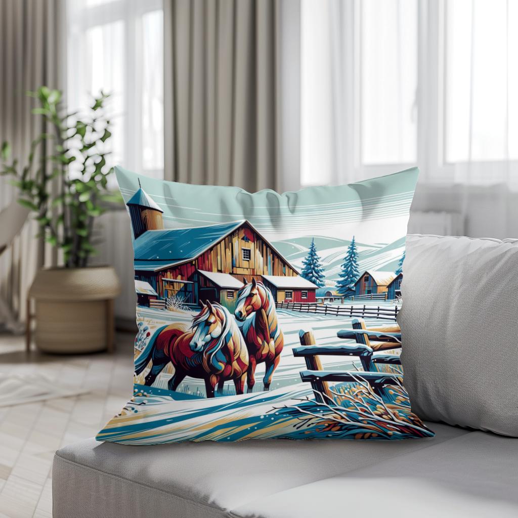 Whimsical Winter Farm Cotton Cushion