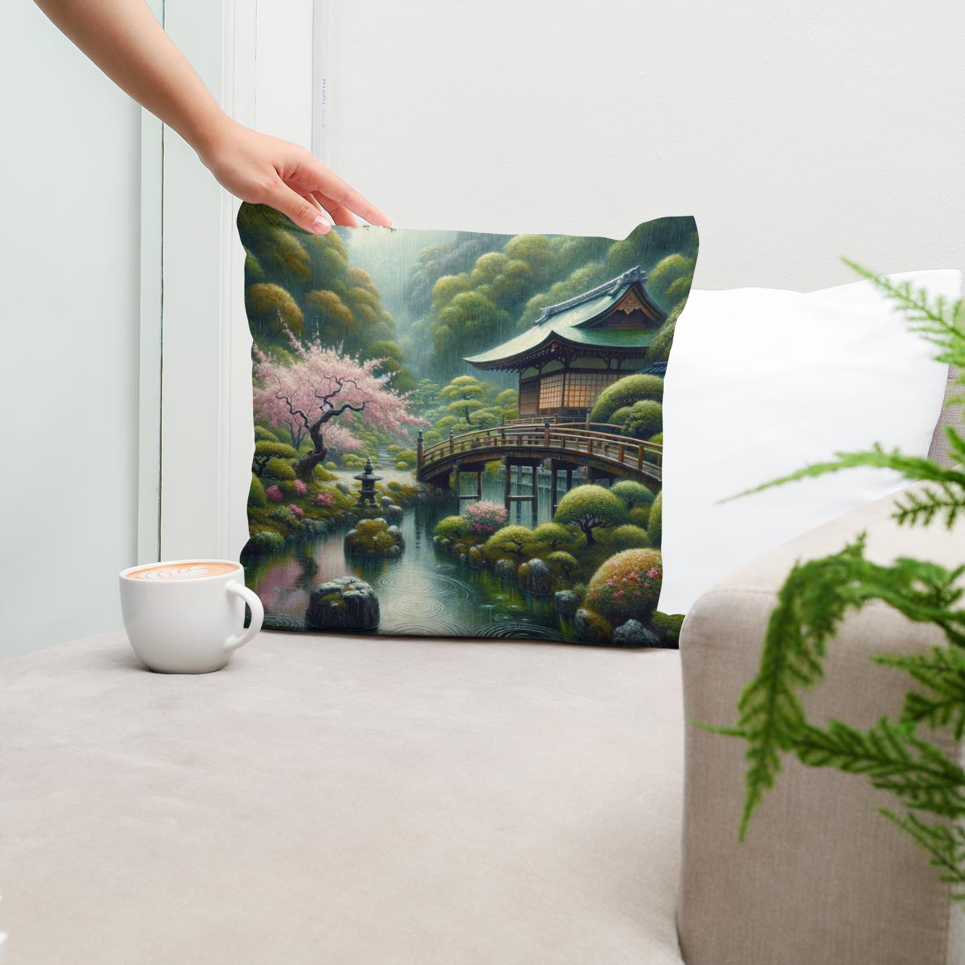 Tranquil Rain in Kyoto Cotton Cushion