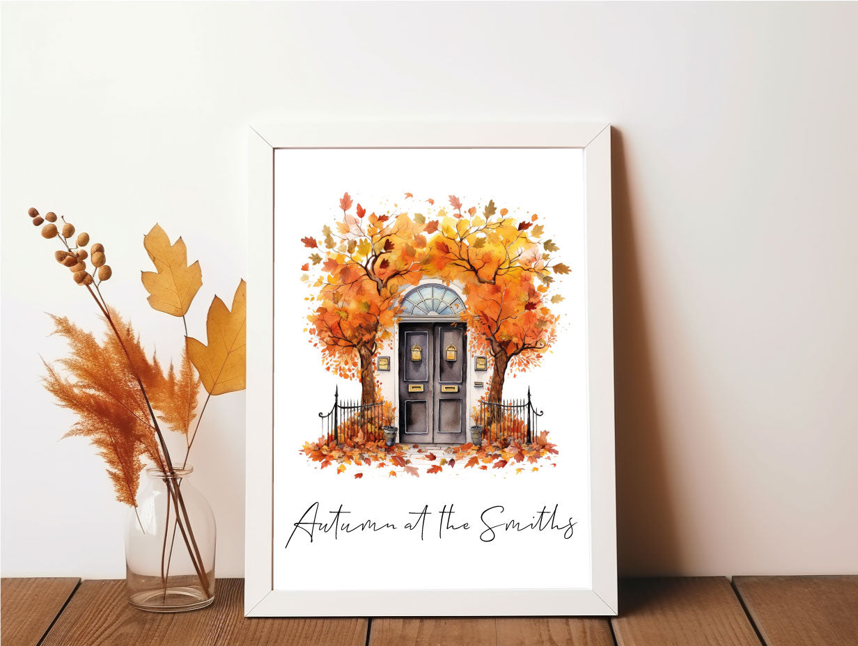 Personalised Autumn At The "Surname" or “House Number” Watercolour Leaves Front Door Seasonal Wall Home Decor Print