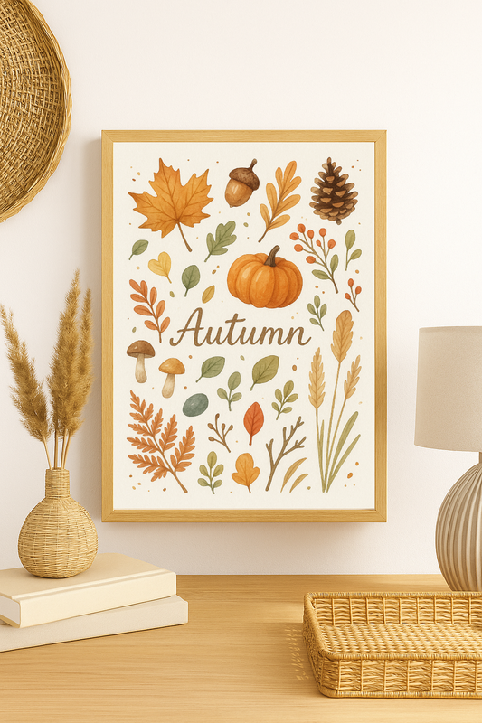 Autumn Botanical Wall Art – Fall Leaves, Pumpkin & Woodland Illustration Print