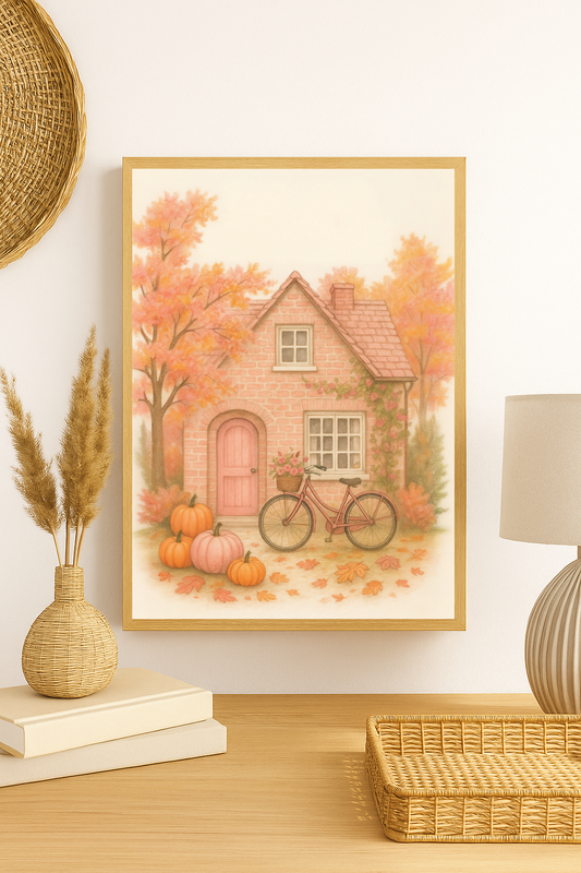 Autumn Cottage Wall Art – Cozy Pink Brick House with Pumpkins, Bicycle & Fall Leaves