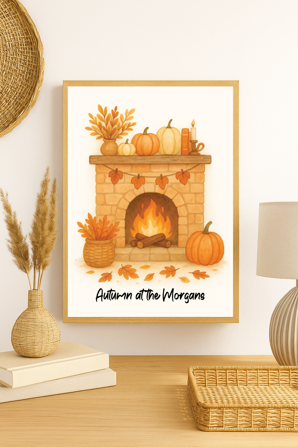 Personalised Autumn Fireplace Wall Art – Custom Family Name Fall Decor Print