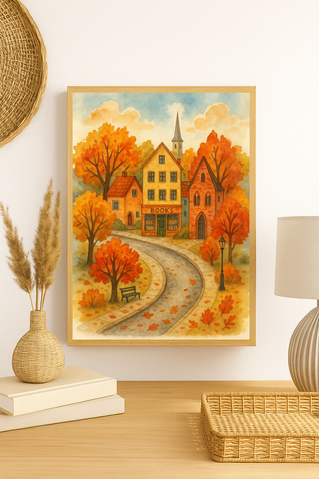 Autumn Village Street Wall Art – Cozy Fall Bookshop Print with Colorful Leaves