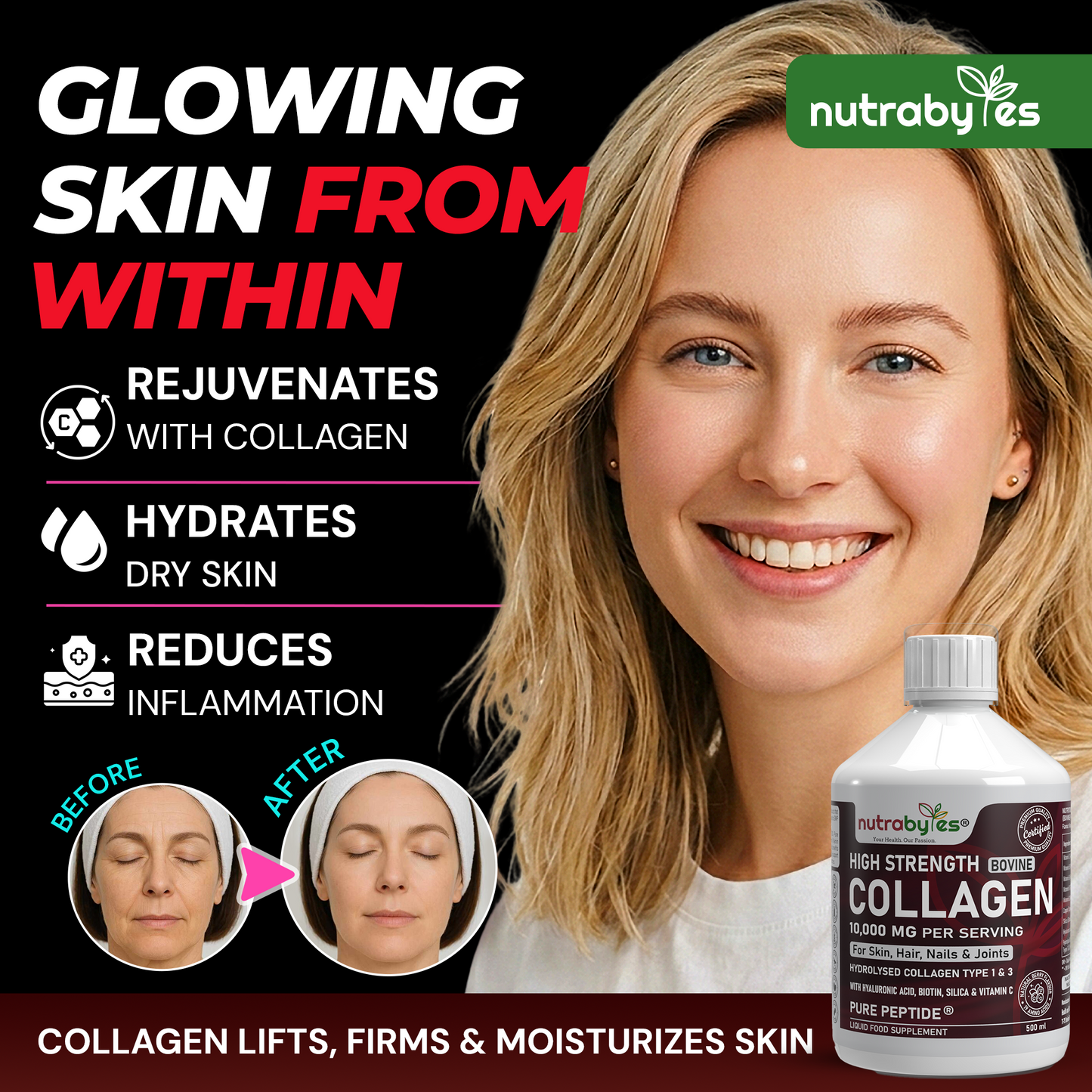 High-Strength Liquid Bovine Collagen Supplement for Women and Men, 10,000 mg Liquid Collagen with Hyaluronic Acid and Vitamin C, 19 Amino Acids, Collagen Types 1 and 3, Berry Flavoured, Halal & Kosher certified