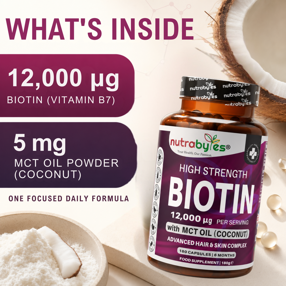 Biotin 12,000 mcg with MCT Oil, 180 Capsules | 6 Months | Vegan Certified