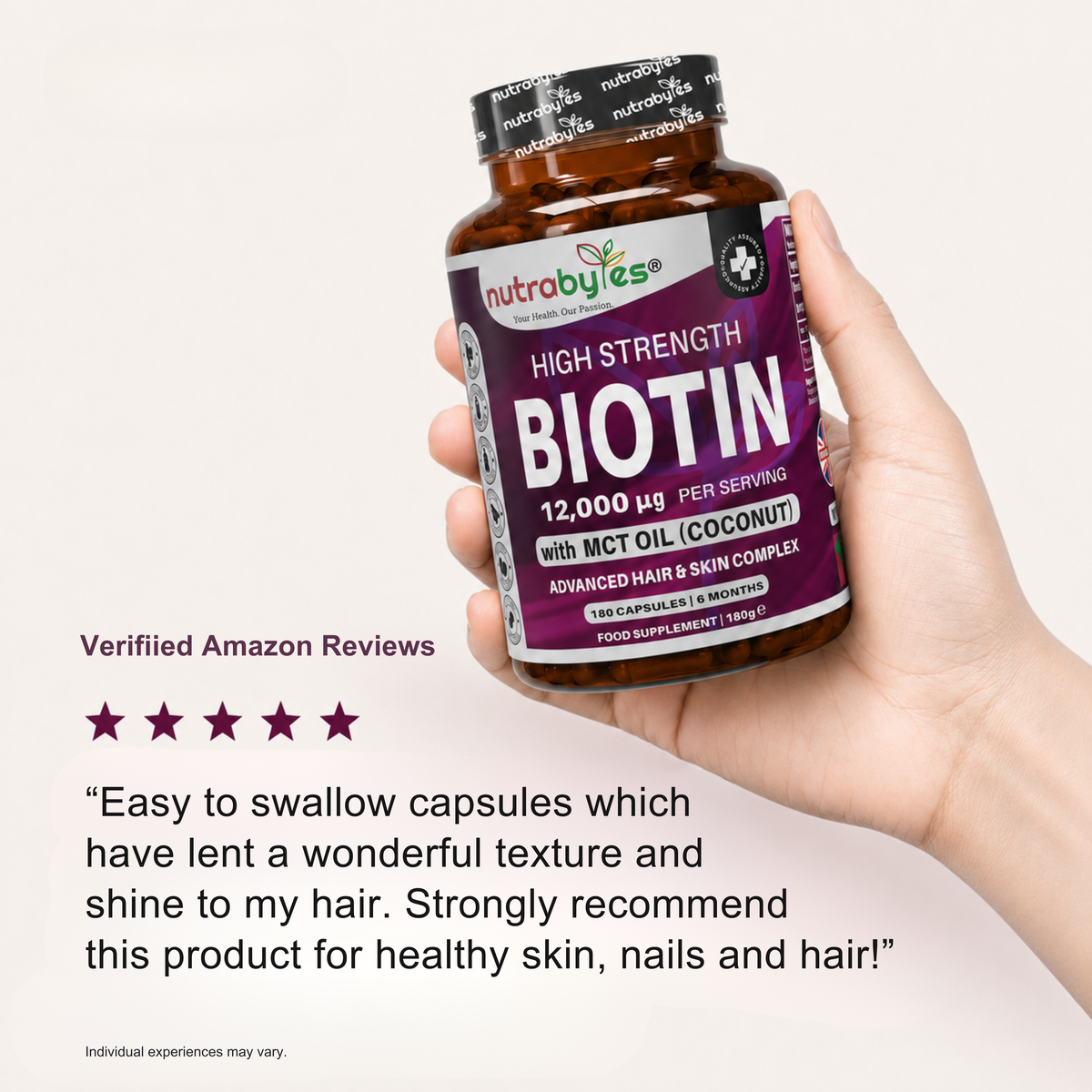 Biotin 12,000 mcg with MCT Oil, 180 Capsules | 6 Months | Vegan Certified