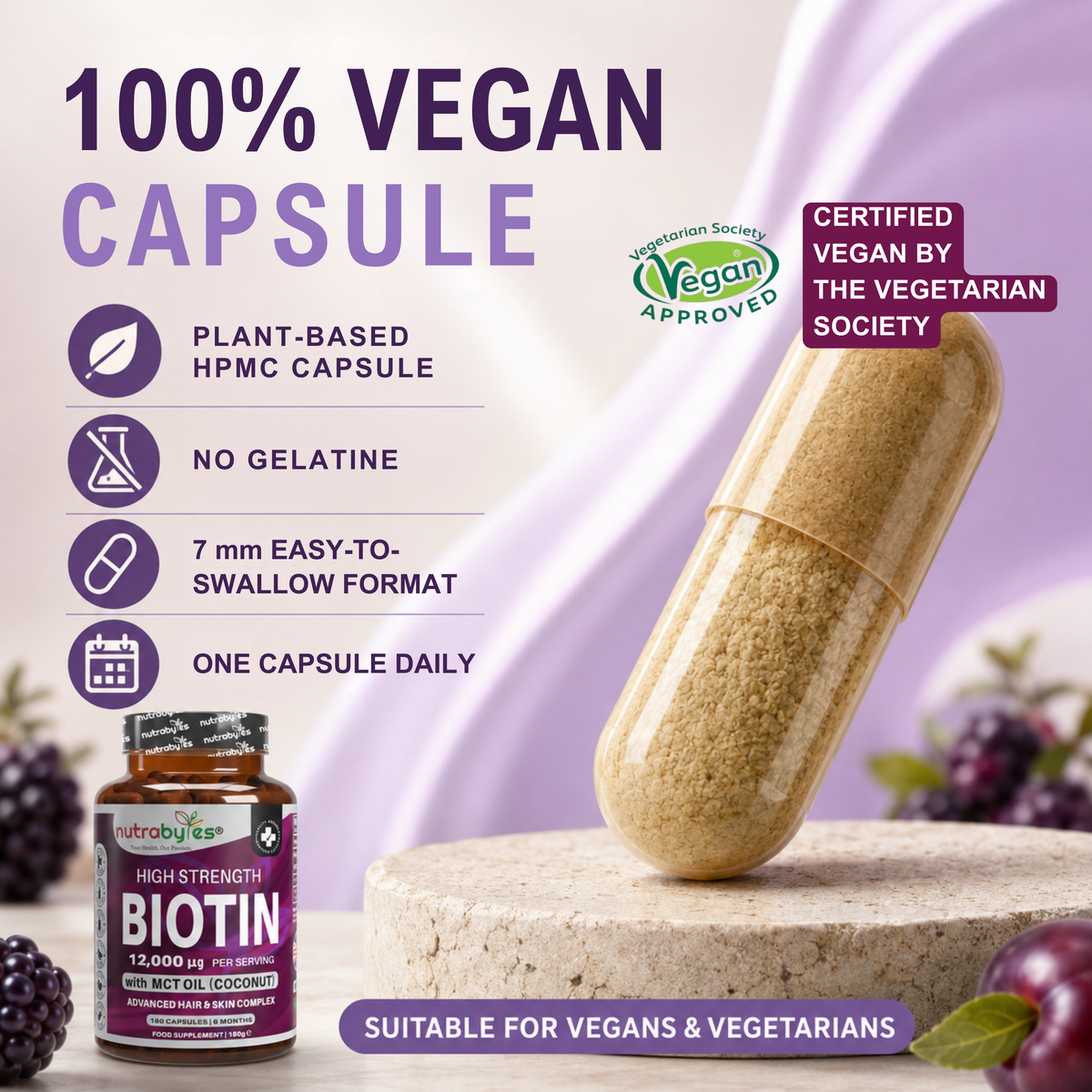 Biotin 12,000 mcg with MCT Oil, 180 Capsules | 6 Months | Vegan Certified