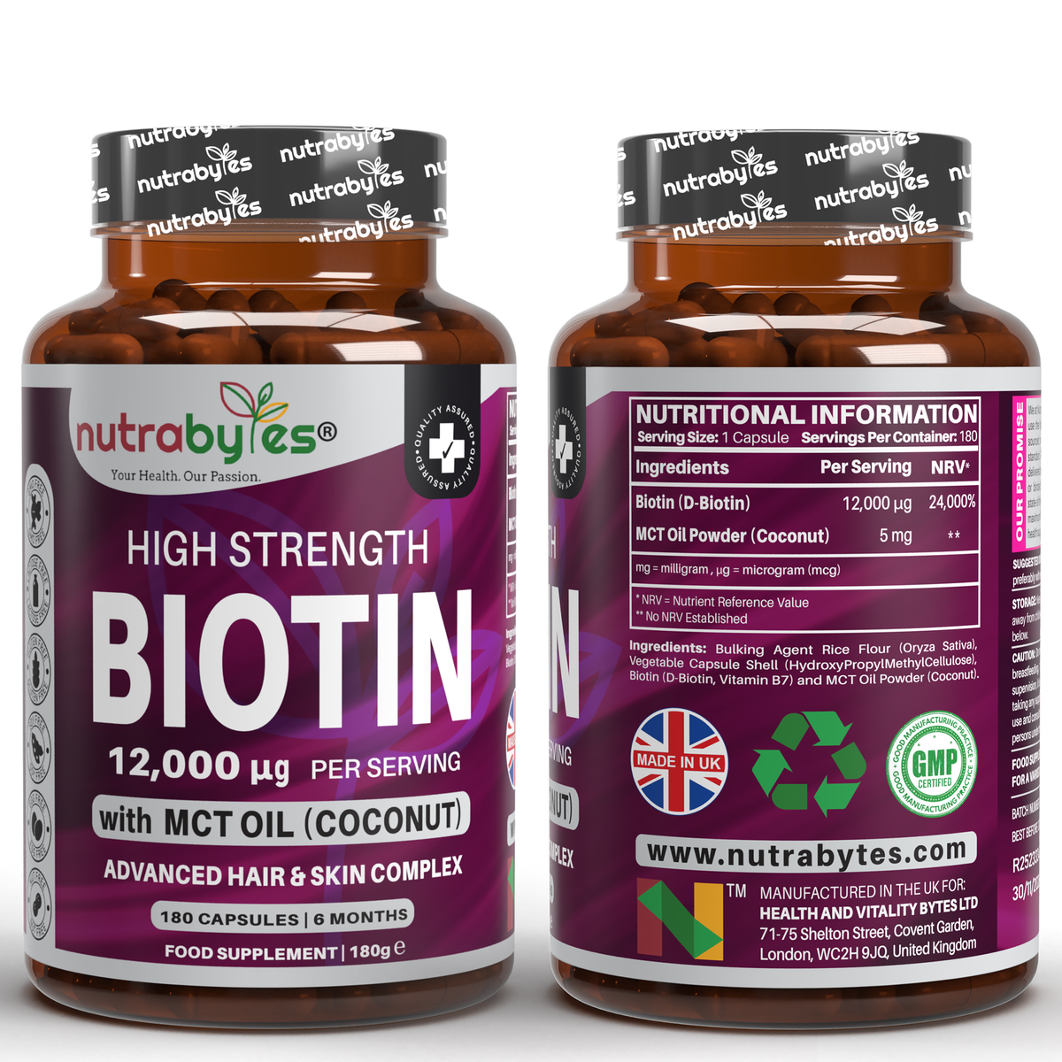Biotin 12,000 mcg with MCT Oil, 180 Capsules | 6 Months | Vegan Certified