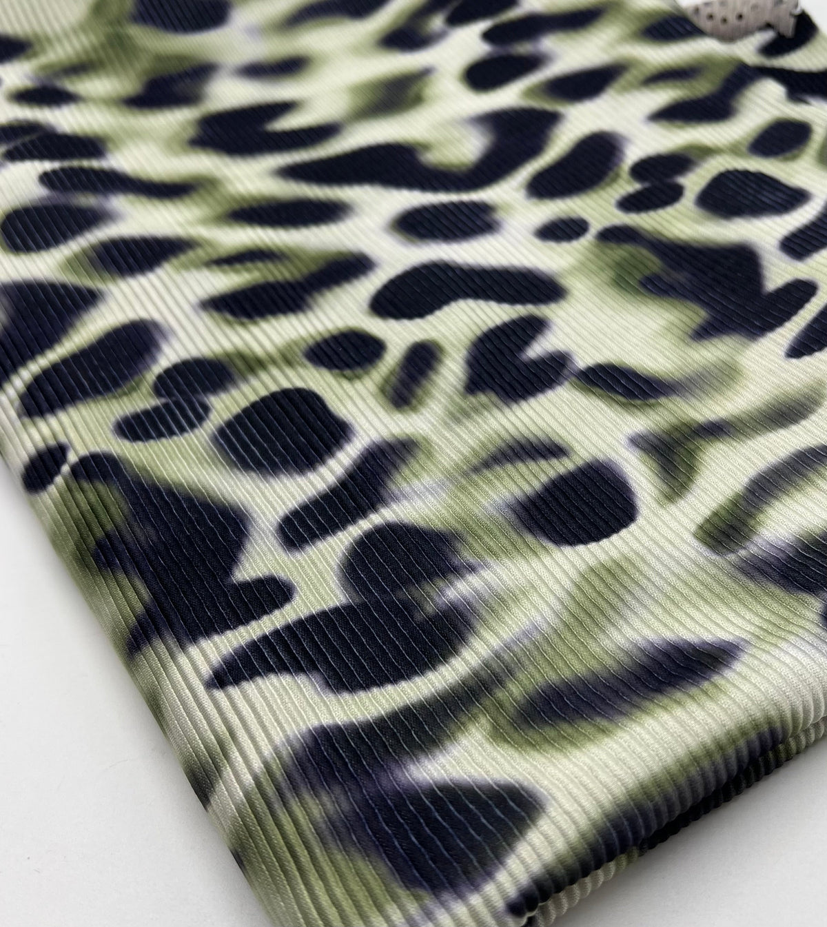 Green Animal Print Plisse Pleated Stretch Fabric