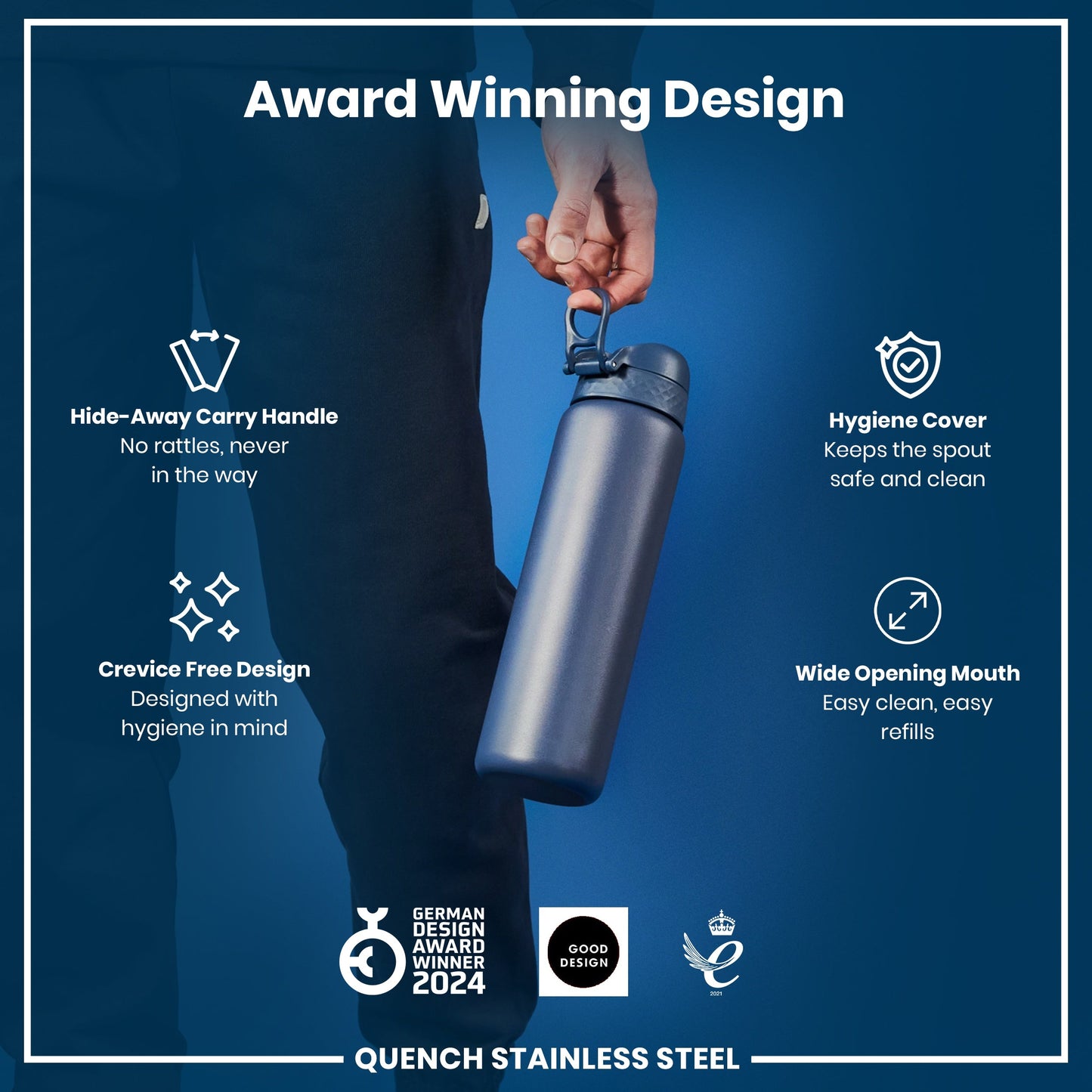 Leak Proof 1 Litre Water Bottle, Stainless Steel, Ash Navy, 1L