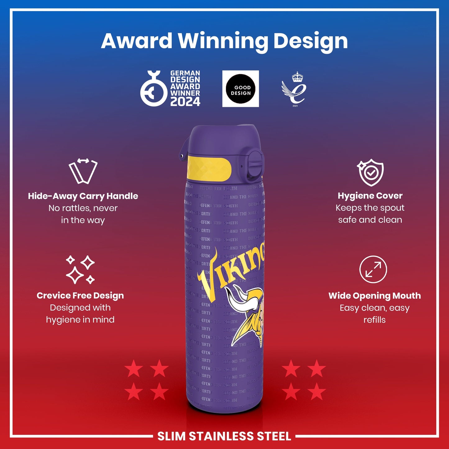 Leak Proof NFL Water Bottle, Stainless Steel, Minnesota Vikings, 600ml (20oz)