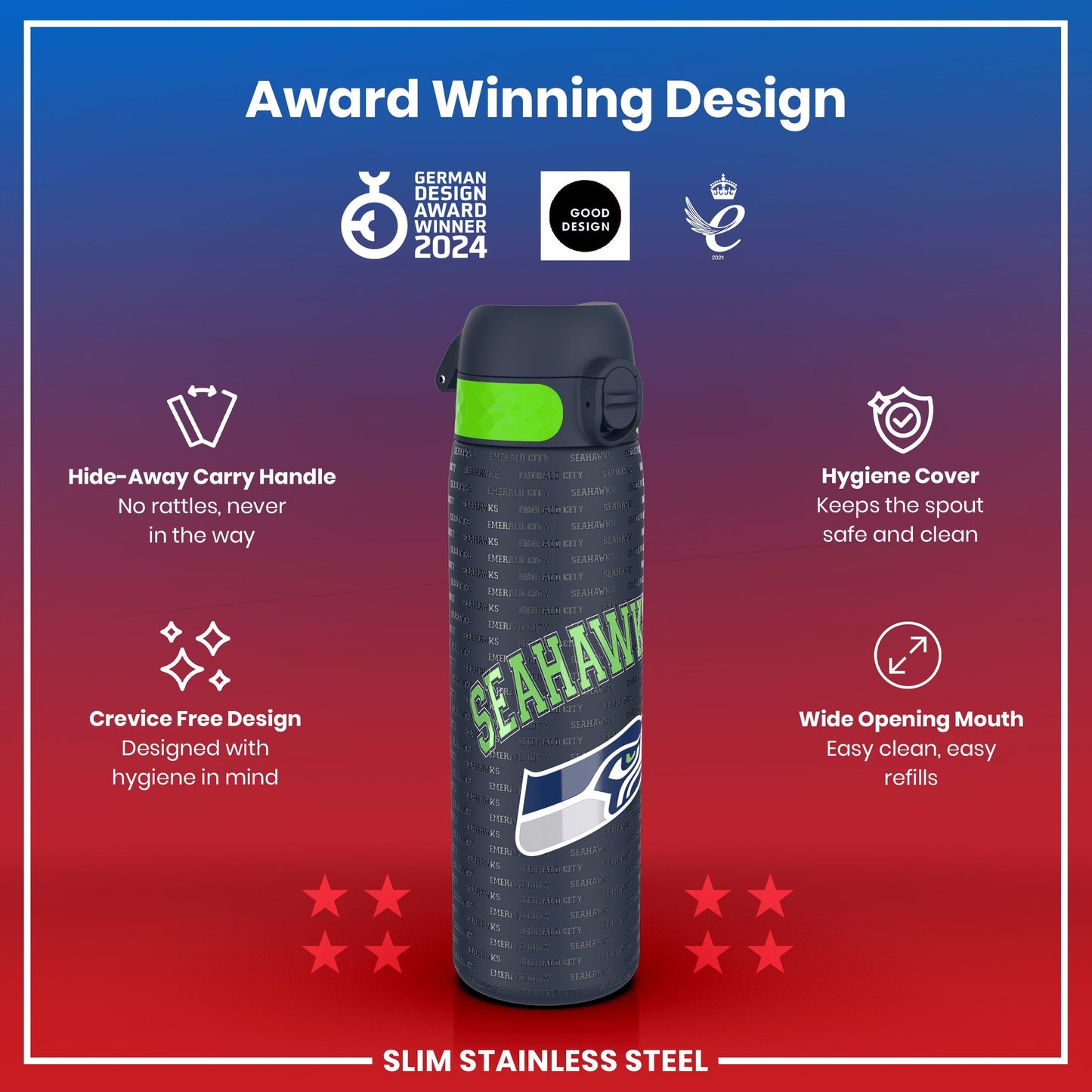 Leak Proof NFL Water Bottle, Stainless Steel, Seattle Seahawks, 600ml (20oz)