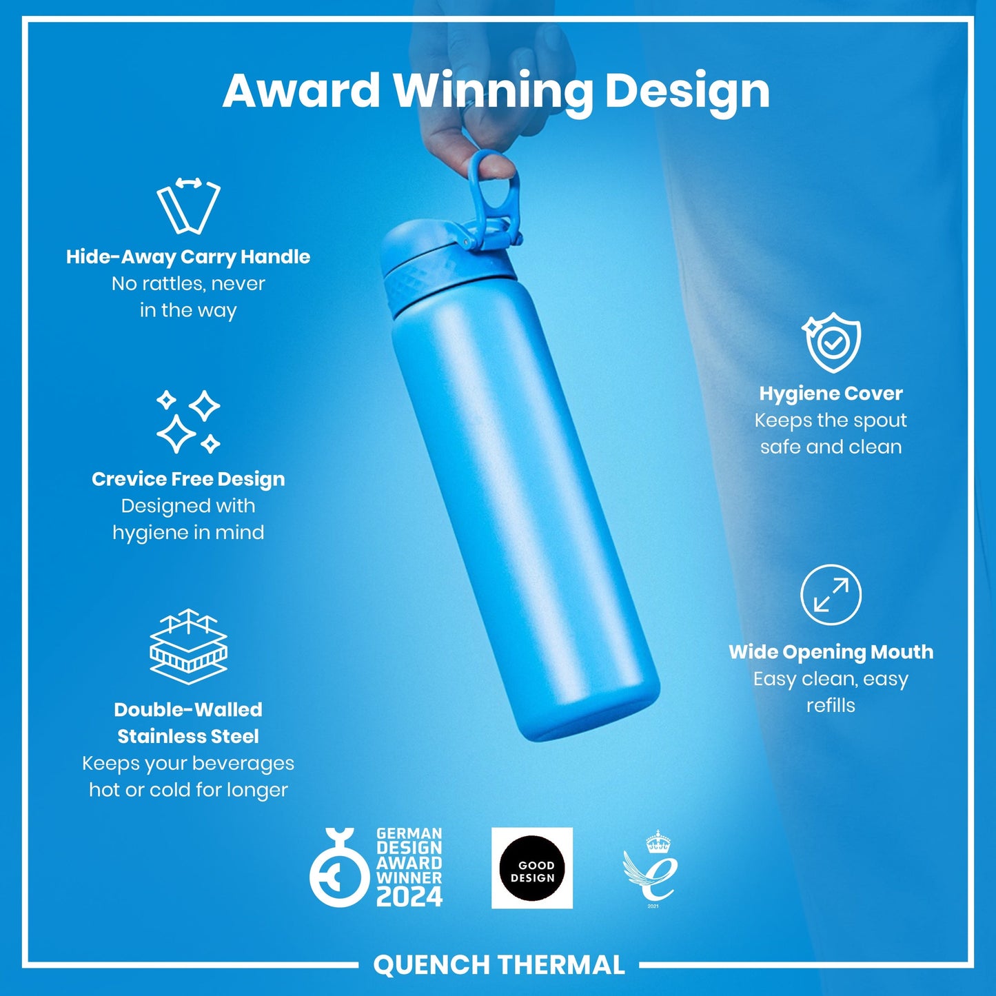 Leak Proof 1 Litre Thermal Water Bottle, Insulated, Blue, 1L