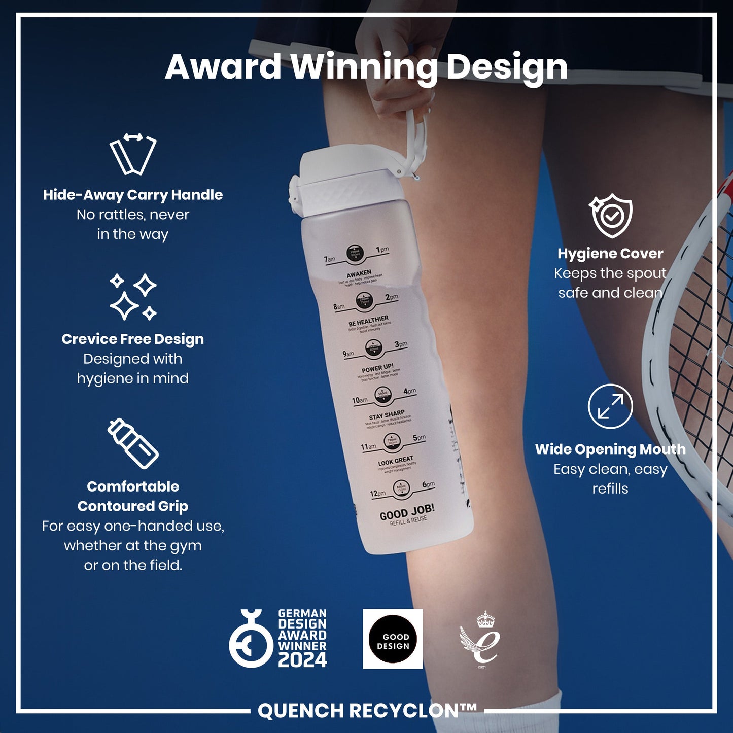 Leak Proof 1 Litre Water Bottle with Times to Drink, Recyclon, Ice, 1L