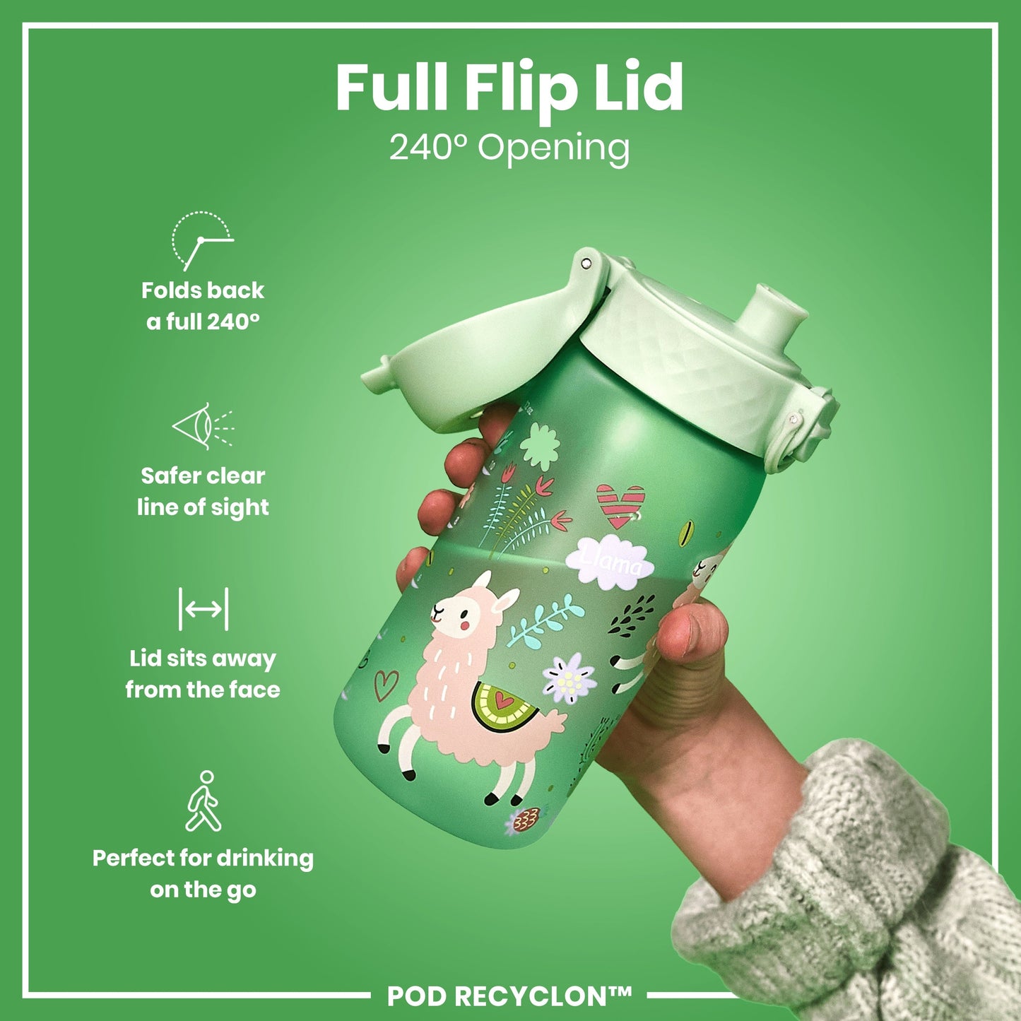 Leak Proof Kids Water Bottle, Recyclon, Llamas, 350ml (12oz)