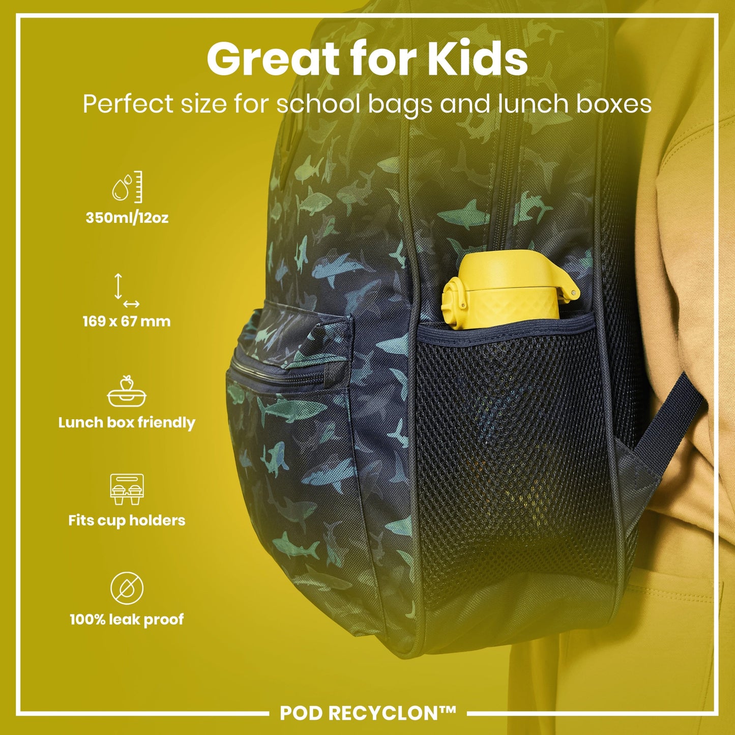 Leak Proof Kids Water Bottle, Recyclon, Dinosaur, 350ml (12oz)