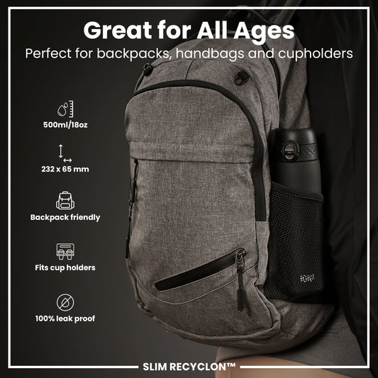 Leak Proof Slim Water Bottle, Recyclon, Black, 500ml (18oz)