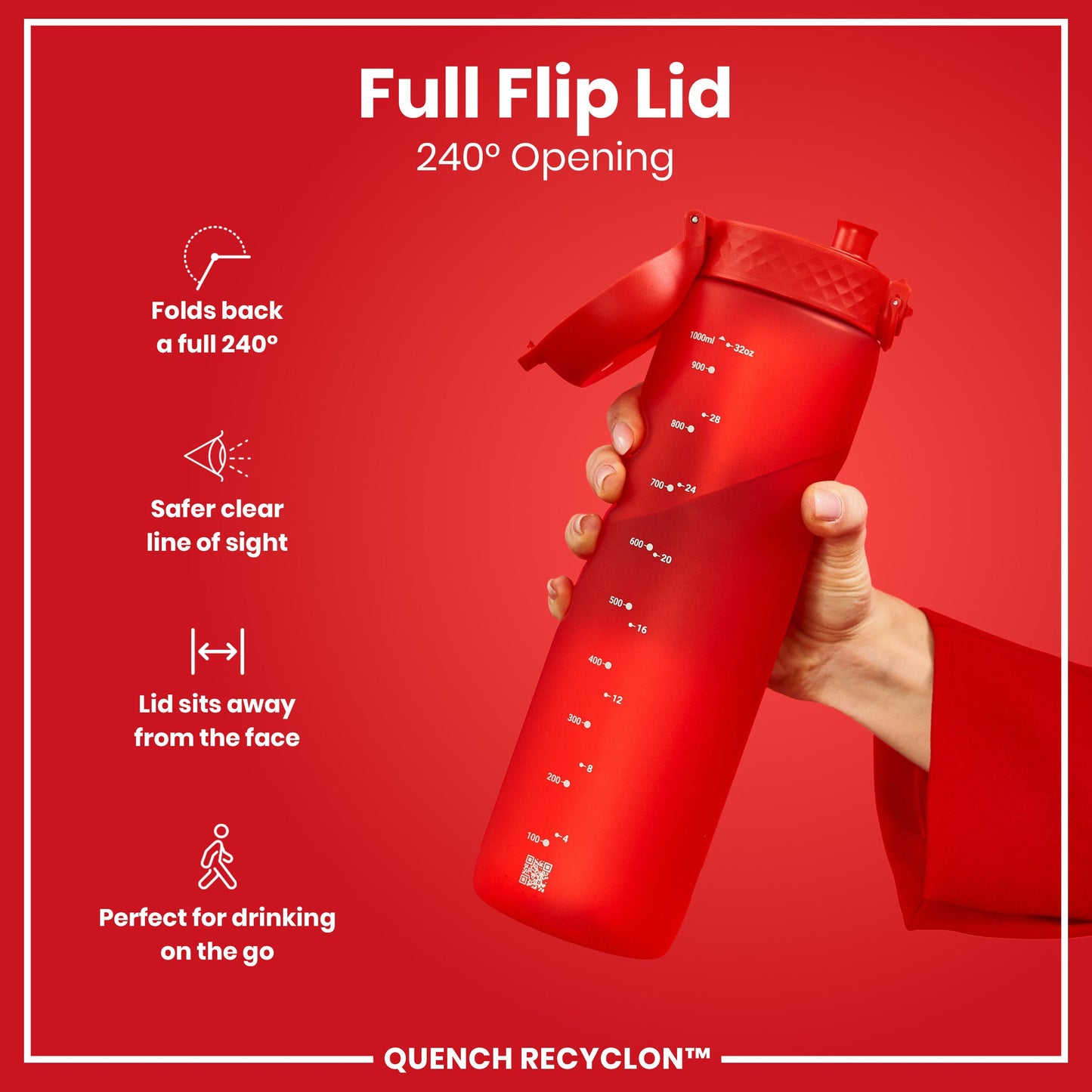 Leak Proof 1 litre Water Bottle, Recyclon, Red, 1L