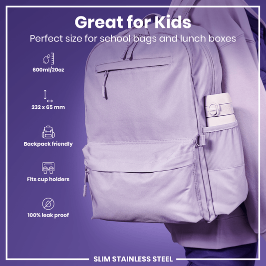 Leak Proof Slim Water Bottle, Stainless Steel, Lilac Dusk, 600ml (20oz)