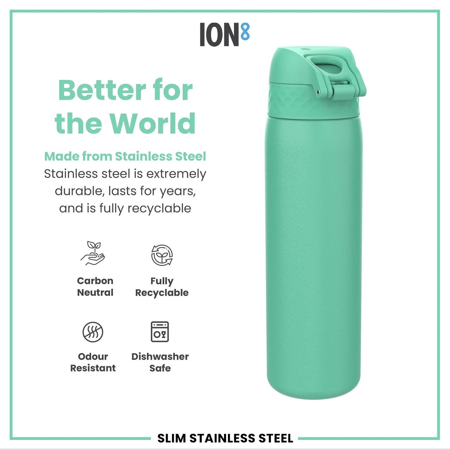 Leak Proof Slim Water Bottle, Stainless Steel, Teal, 600ml (20oz)