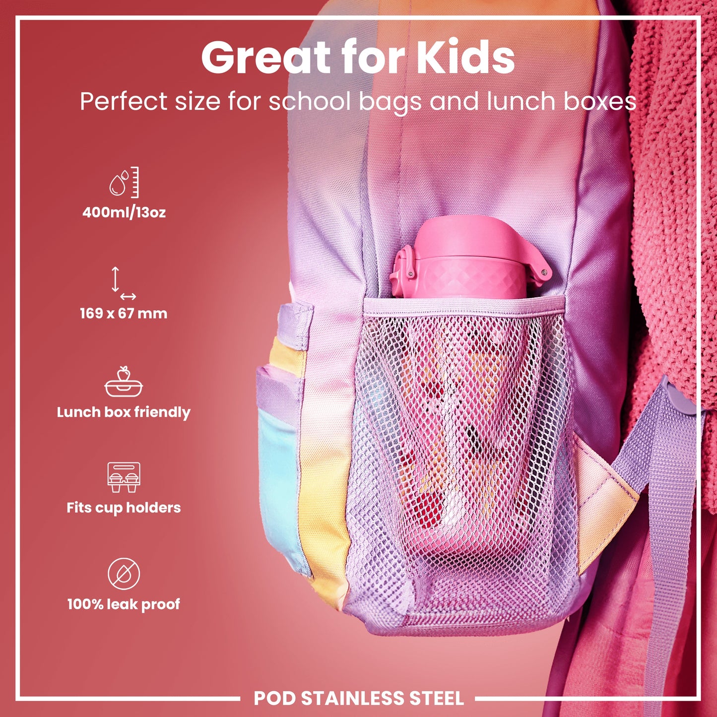 Leak Proof Kids Water Bottle, Stainless Steel, Ice Creams, 400ml (13oz)