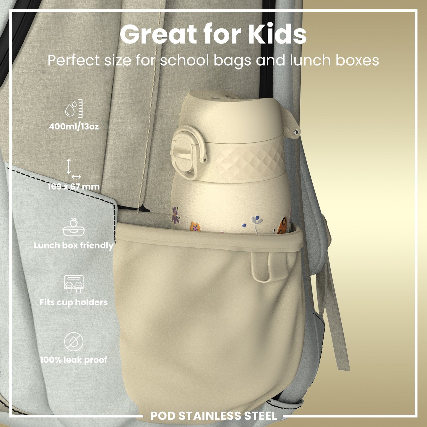 Leak Proof Kids Water Bottle, Stainless Steel, Bugs Life, 400ml (13oz)