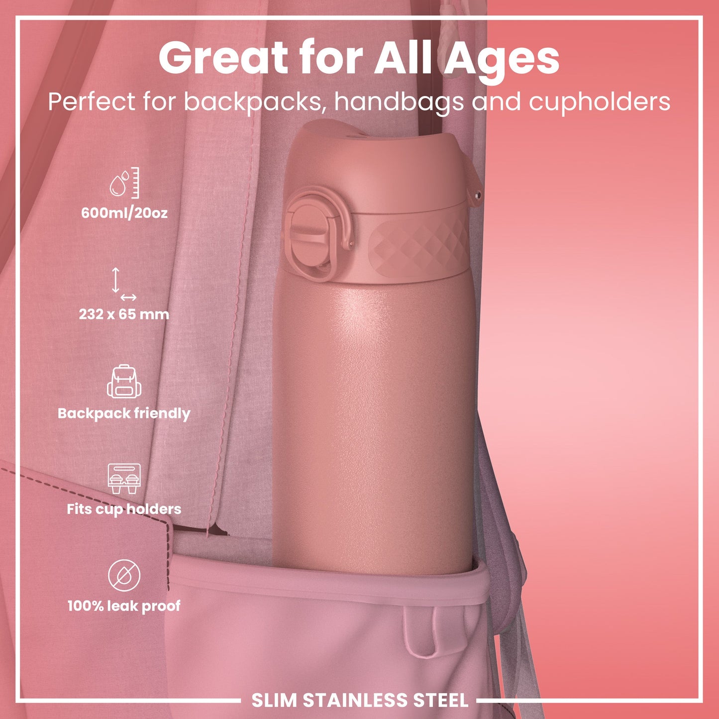 Leak Proof Slim Water Bottle, Stainless Steel, Ash Rose, 600ml (20oz)