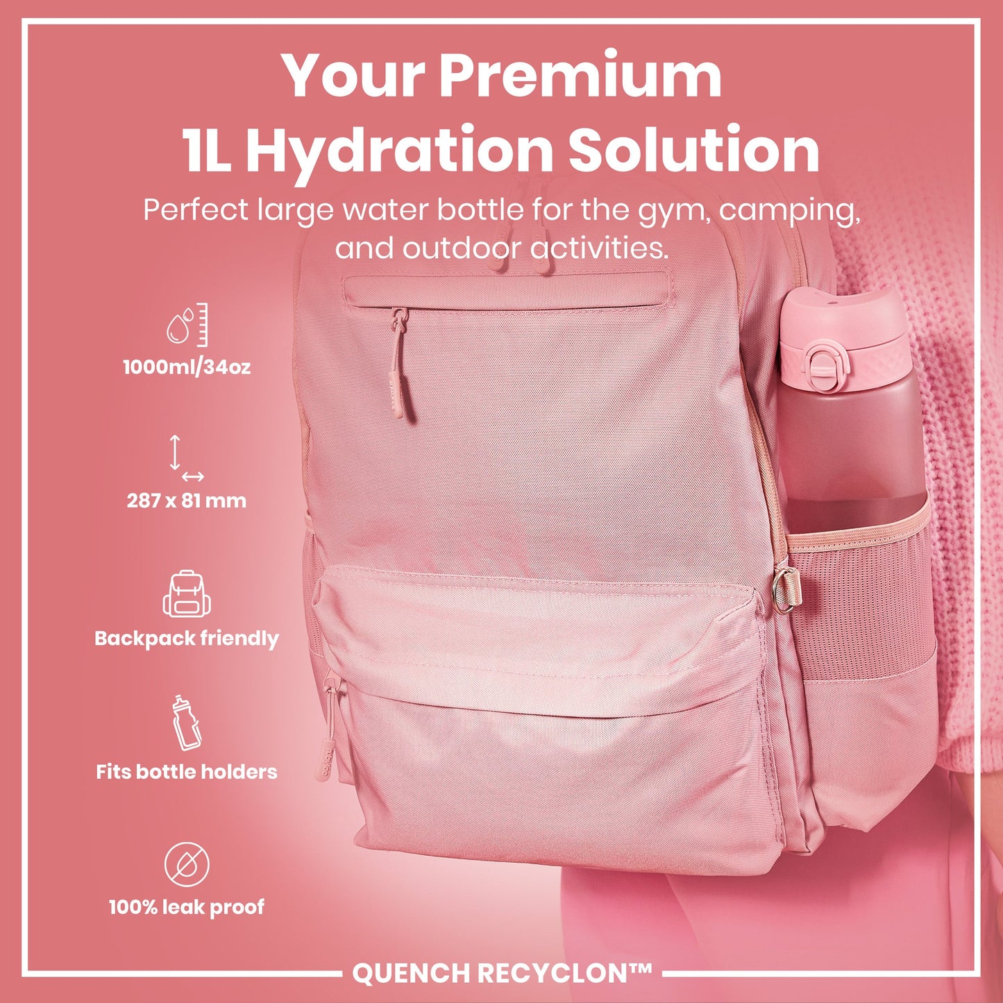 Leak Proof 1 litre Water Bottle, Recyclon, Rose Quartz, 1L