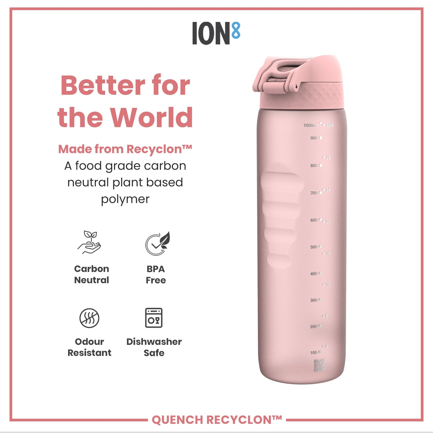 Leak Proof 1 litre Water Bottle, Recyclon, Rose Quartz, 1L