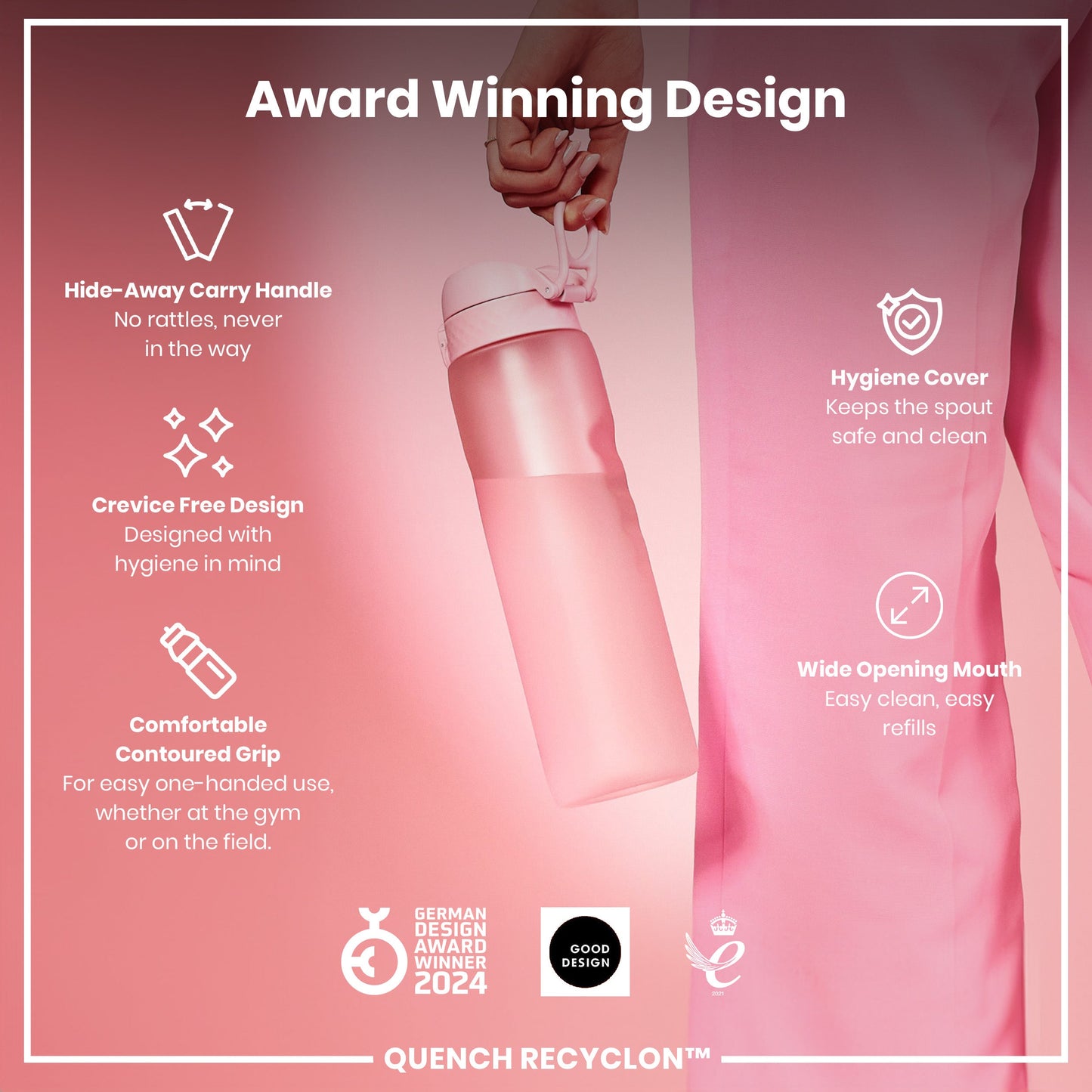 Leak Proof 1 litre Water Bottle, Recyclon, Rose Quartz, 1L