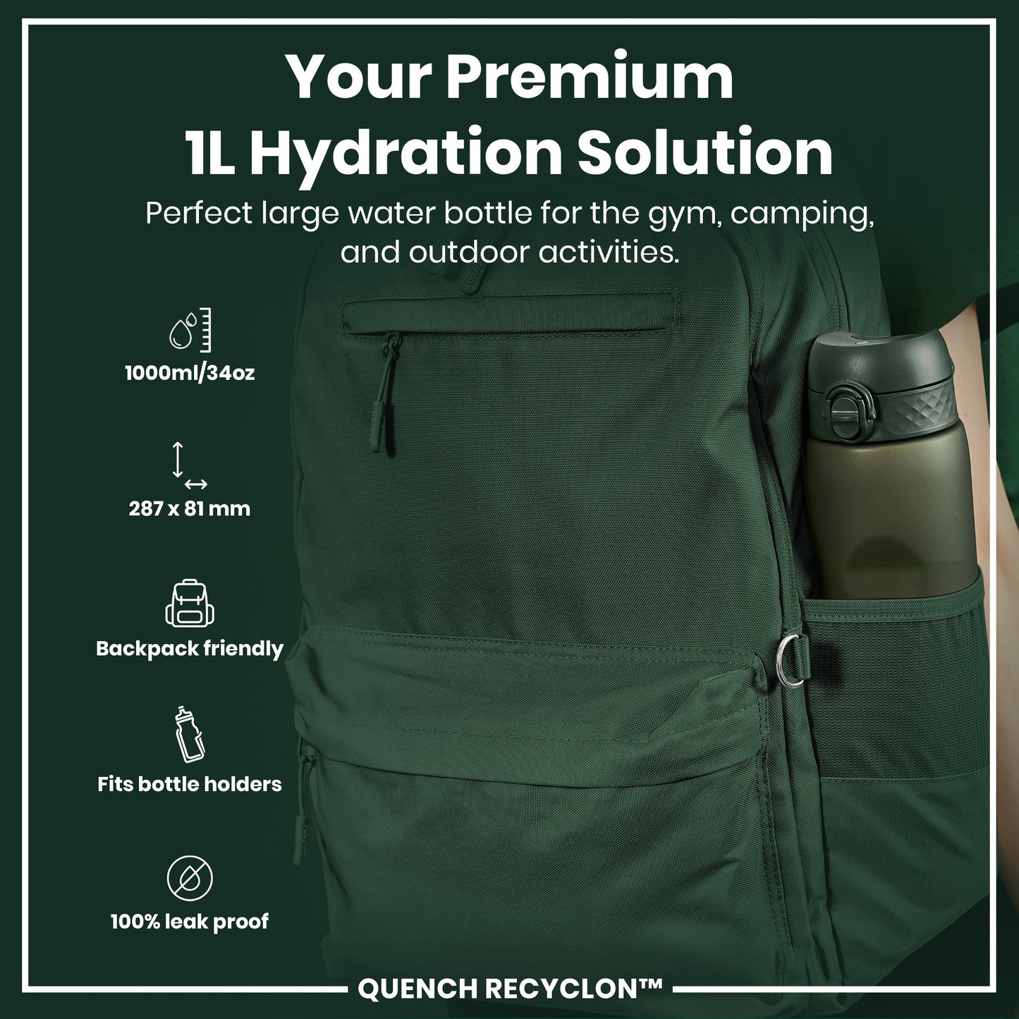 Leak Proof 1 litre Water Bottle, Recyclon, Dark Green, 1L