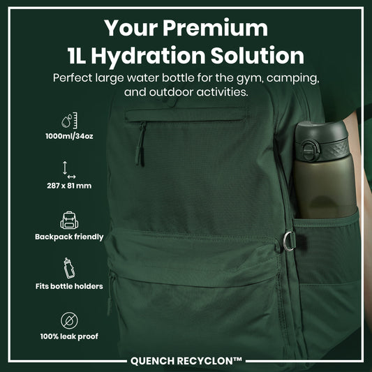 Leak Proof 1 litre Water Bottle, Recyclon, Dark Green, 1L