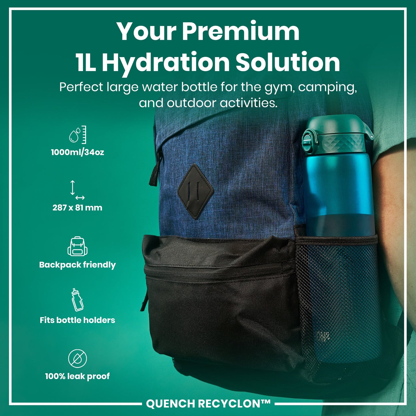 Leak Proof 1 litre Water Bottle, Recyclon, Aqua, 1L