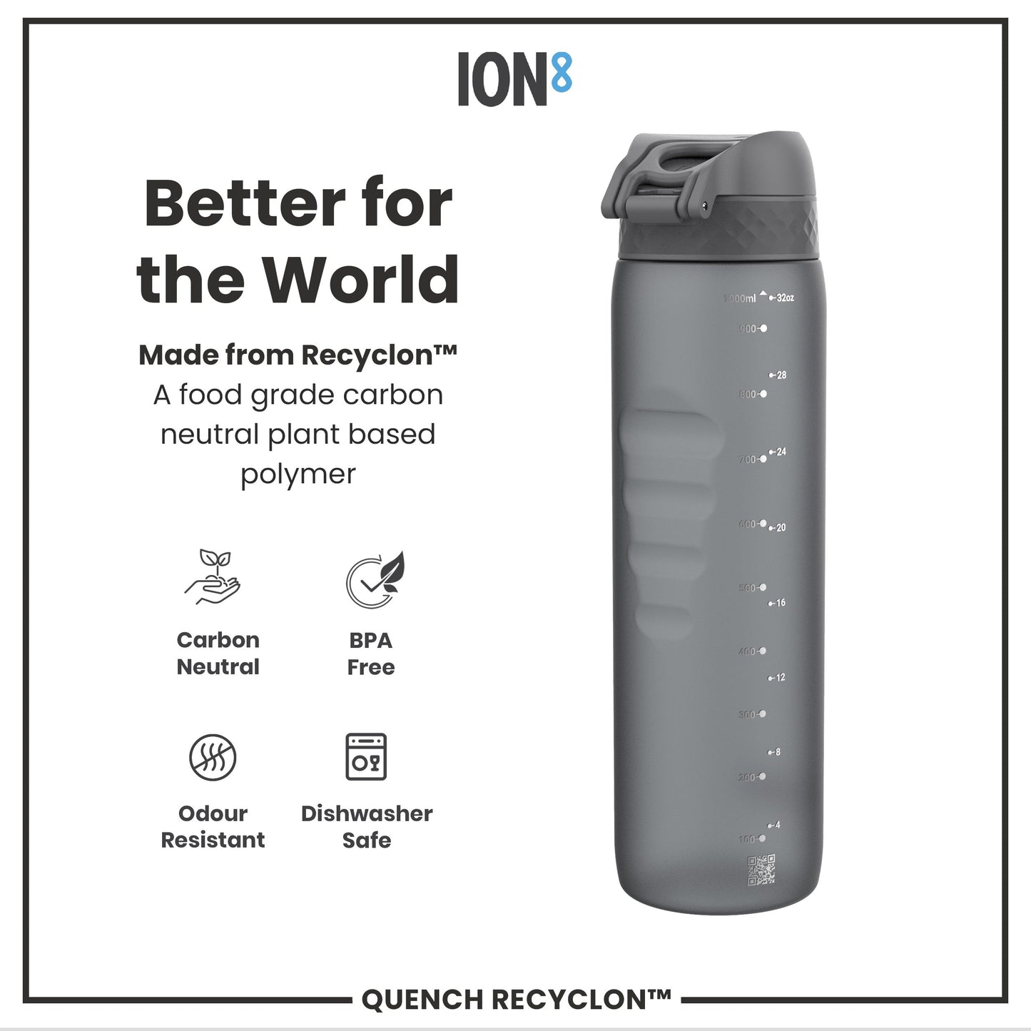 Leak Proof 1 litre Water Bottle, Recyclon, Grey, 1L