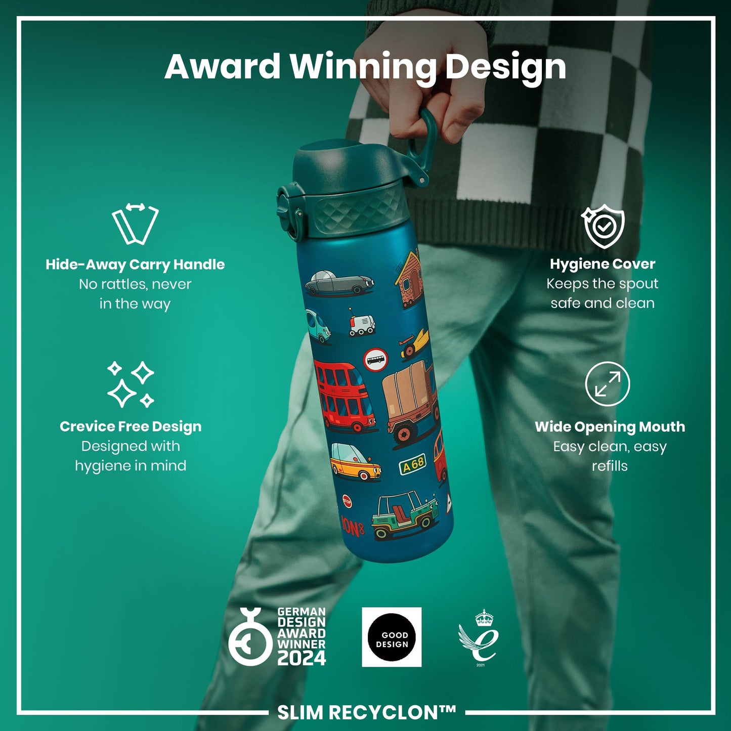 Leak Proof Slim Water Bottle, Recyclon, Automobile, 500ml (18oz)