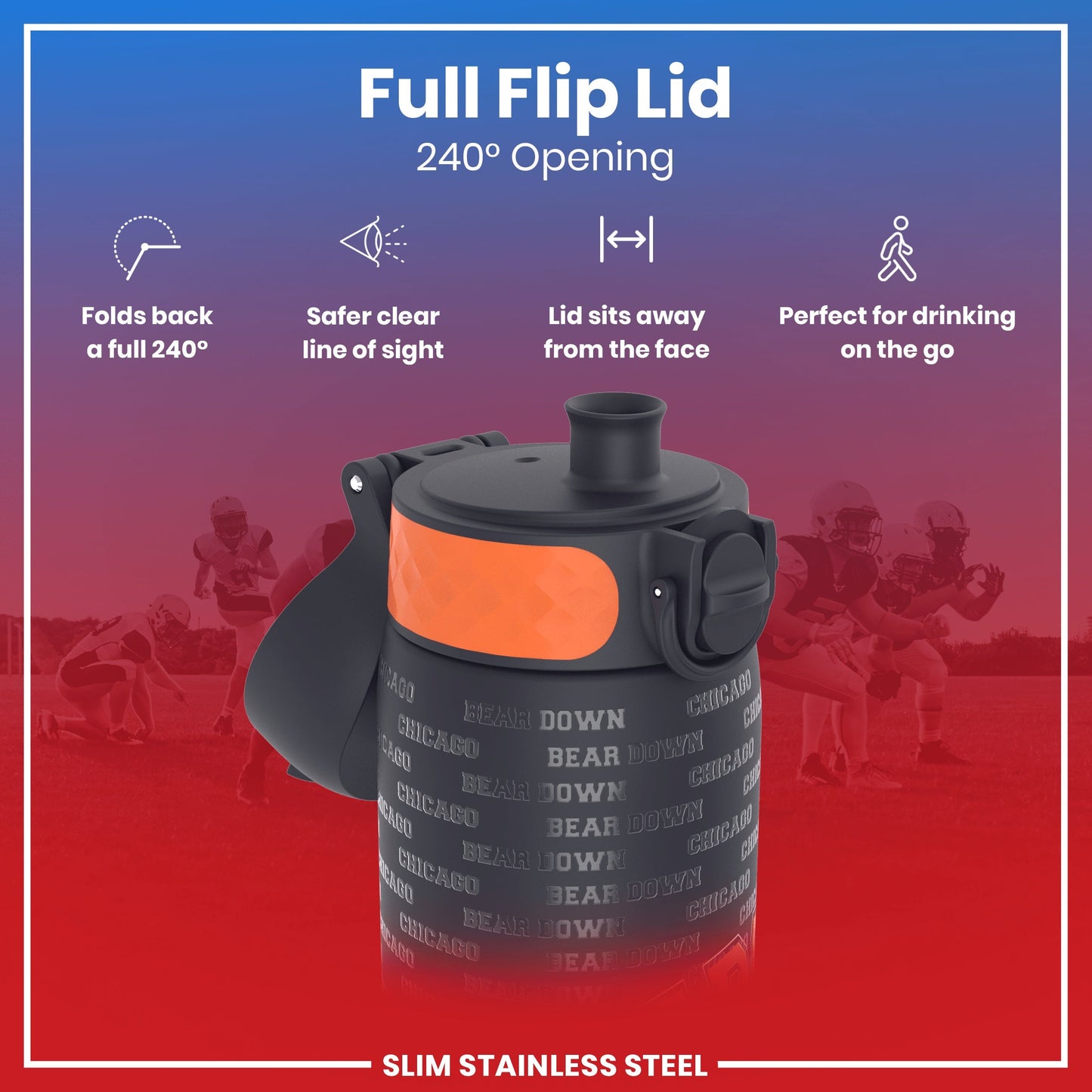 Leak Proof NFL Water Bottle, Stainless Steel, Chicago Bears, 600ml (20oz)