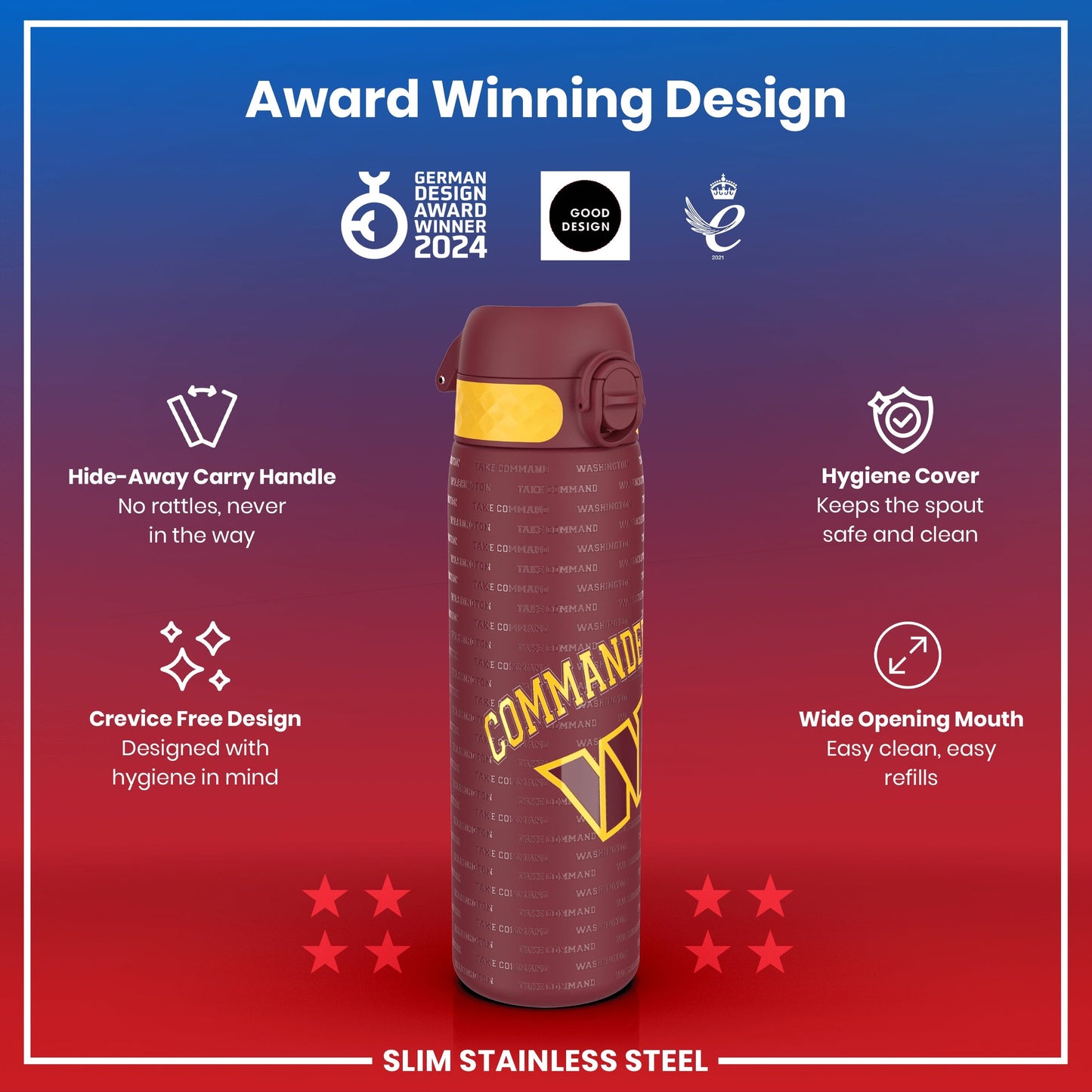 Leak Proof NFL Water Bottle, Stainless Steel, Washington Commanders, 600ml (20oz)