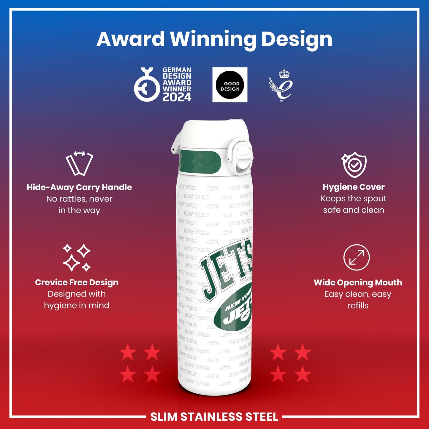 Leak Proof NFL Water Bottle, Stainless Steel, New York Jets, 600ml (20oz)
