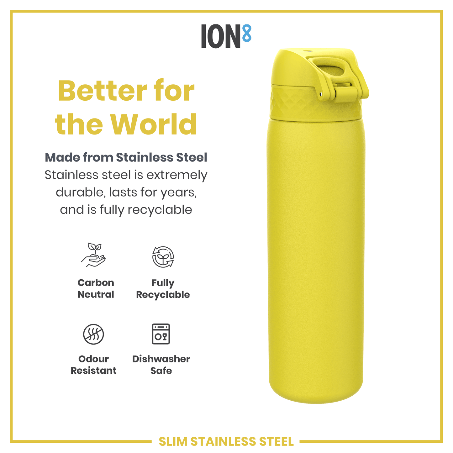 Leak Proof Slim Water Bottle, Stainless Steel, Yellow, 600ml (20oz)
