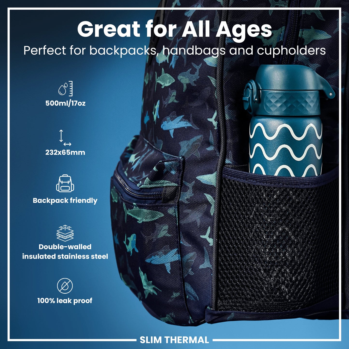 Leak Proof Slim Thermal Water Bottle, Insulated Steel, Wave, 500ml (17oz)