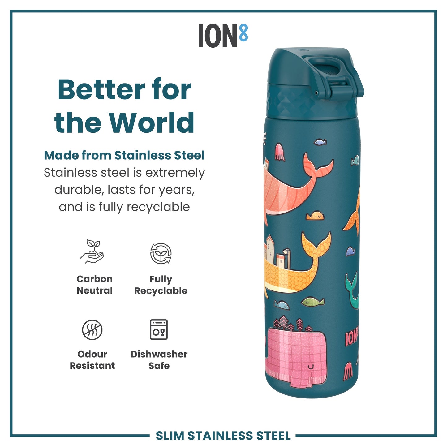 Leak Proof Slim Water Bottle, Stainless Steel, Whales, 600ml (20oz)
