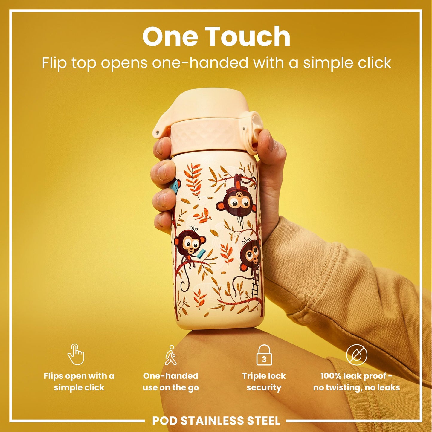 Leak Proof Kids Water Bottle, Stainless Steel, Monkeys, 400ml (13oz)