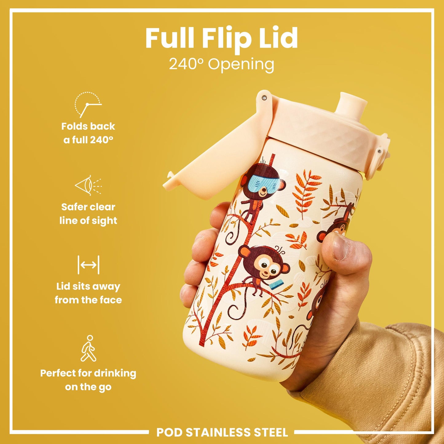 Leak Proof Kids Water Bottle, Stainless Steel, Monkeys, 400ml (13oz)