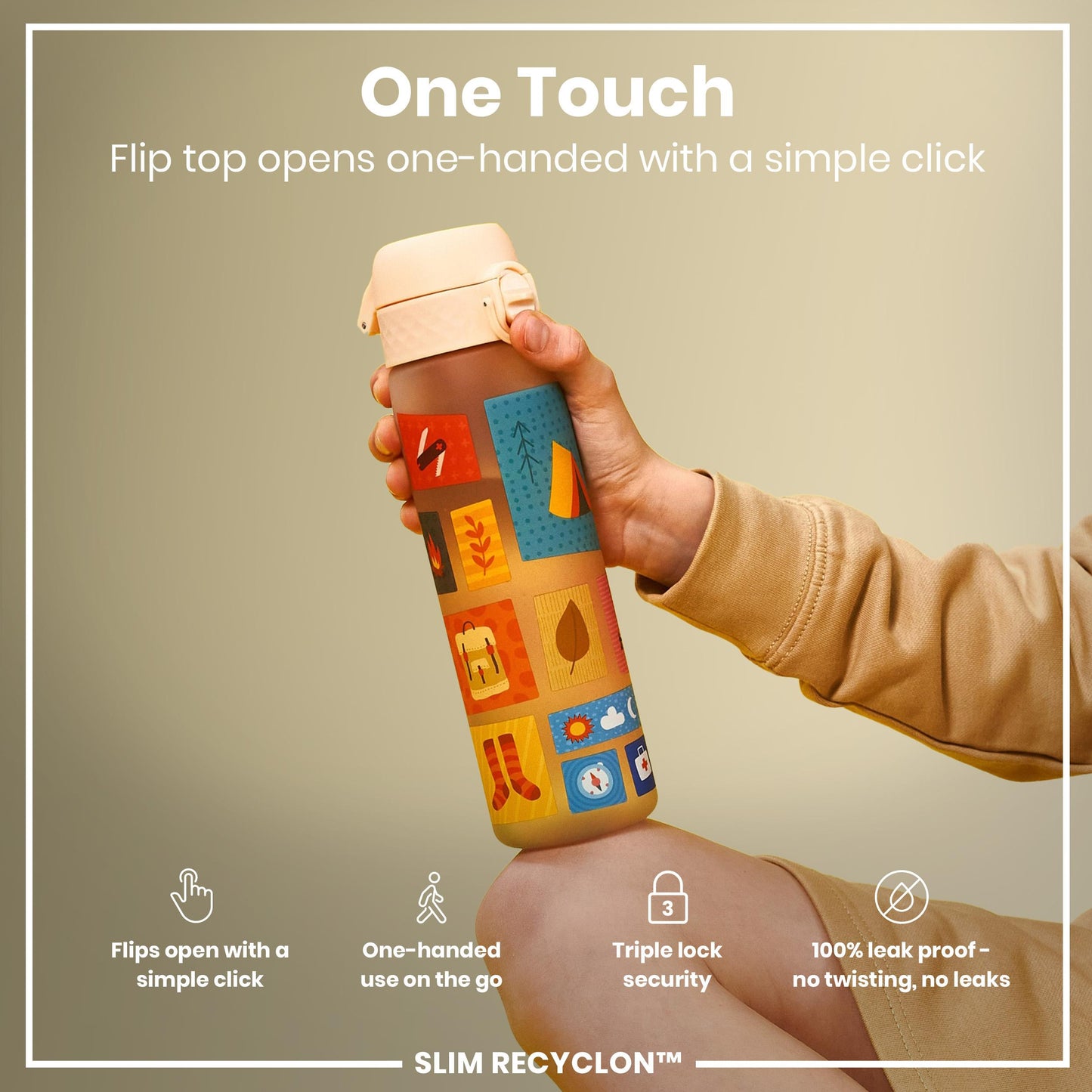 Leak Proof Slim Water Bottle, Recyclon, Camping, 500ml (18oz)