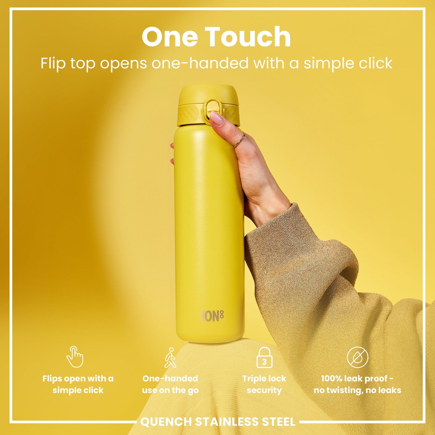 Leak Proof 1 Litre Water Bottle, Stainless Steel, Yellow, 1L